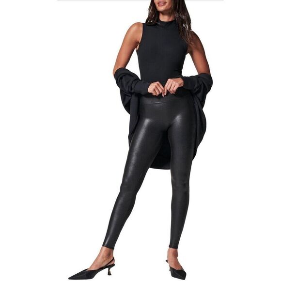 SPANX Faux Leather Leggings Black Tummy Control High Rise Slimming Edgy Biker S - Picture 1 of 15